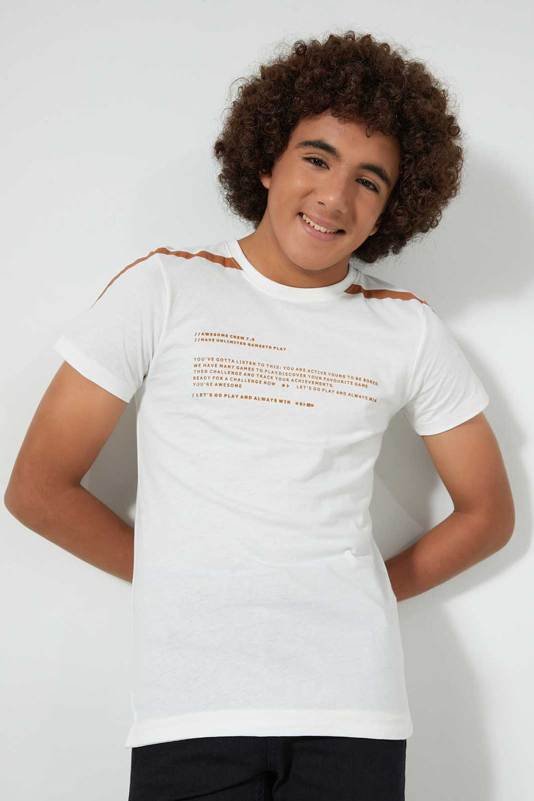 Redtag-White-Small-Hd-T-Shirt-All-Over-Prints-Senior-Boys-9 to 14 Years