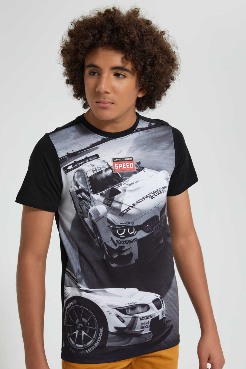 Redtag-Black-Racing-Car-T-Shirt-All-Over-Prints-Senior-Boys-9 to 14 Years