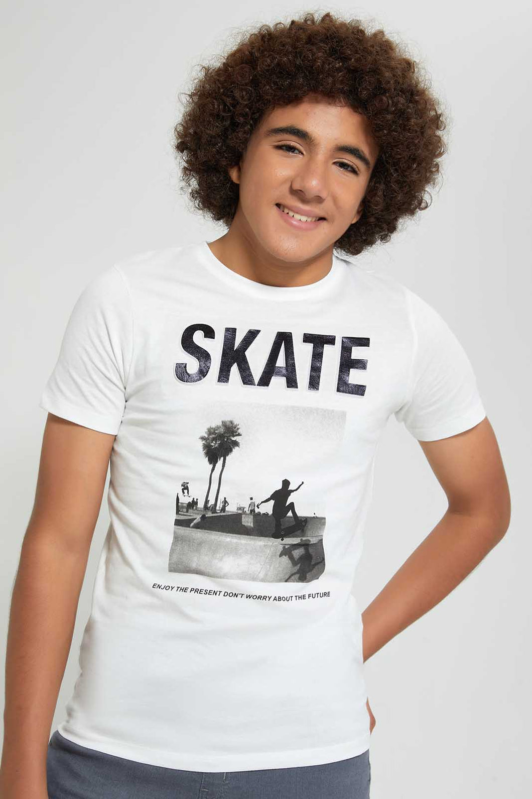 Redtag-White-Emboss-T-Shirt-All-Over-Prints-Senior-Boys-9 to 14 Years