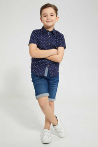 Redtag-Navy-Baseball-Printed-Short-Sleeve-Shirt-Casual-Shirts-Boys-2 to 8 Years