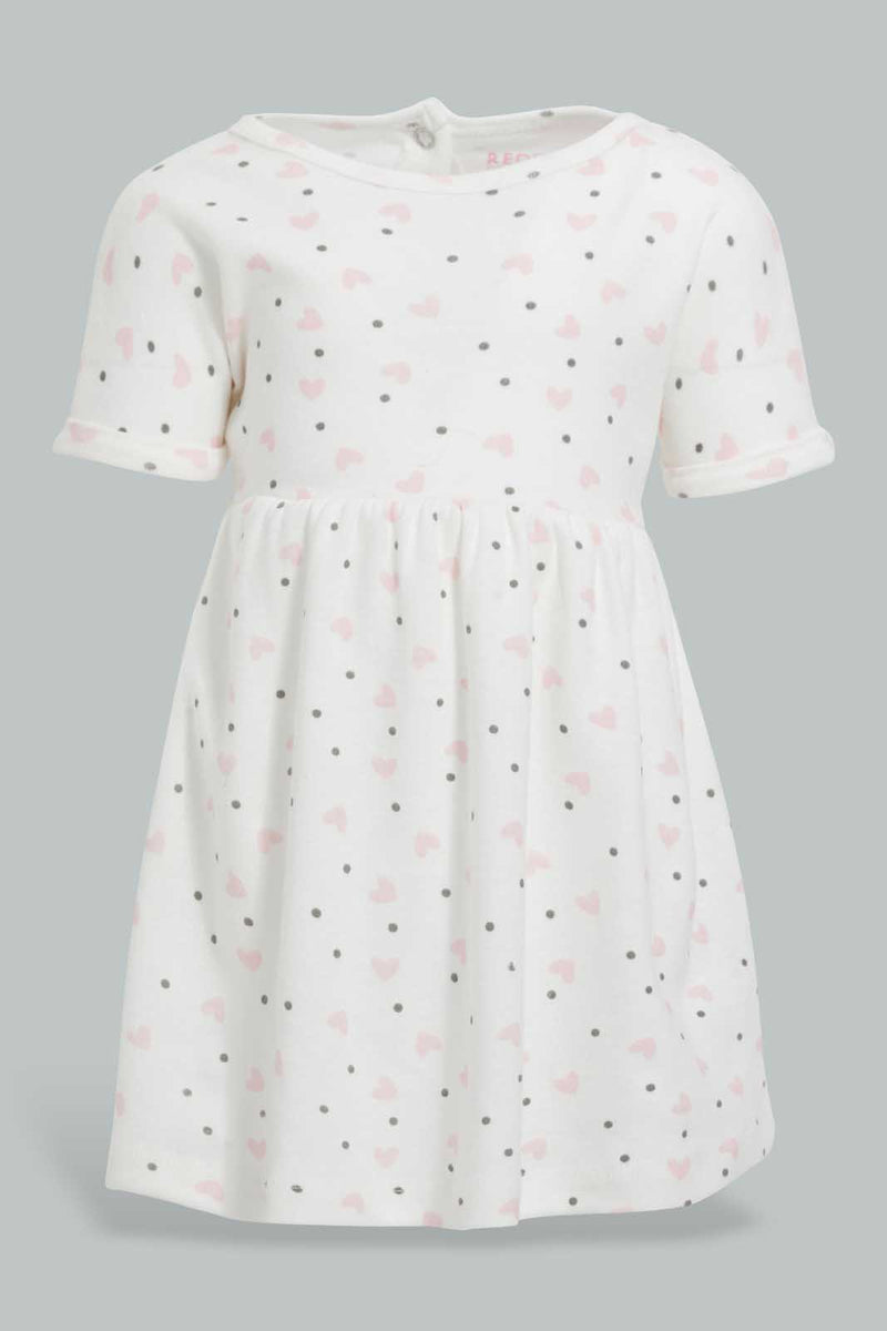 Redtag-White-And-Heart-Print-Dress-Dresses-Baby-0 to 12 Months