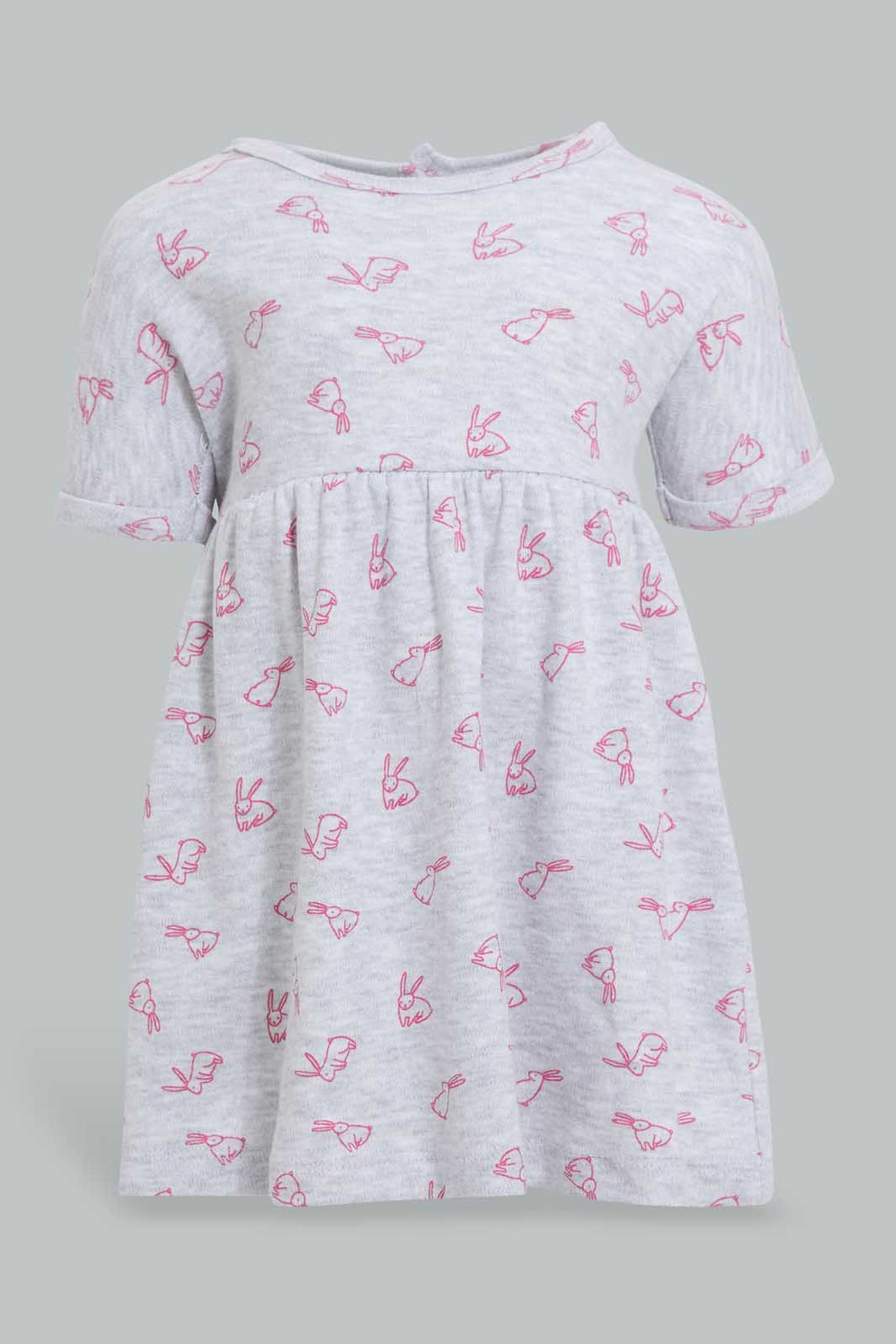 Redtag-Grey-Bunny-Print-Dress-Dresses-Baby-0 to 12 Months