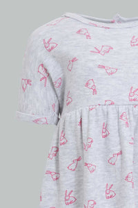 Redtag-Grey-Bunny-Print-Dress-Dresses-Baby-0 to 12 Months