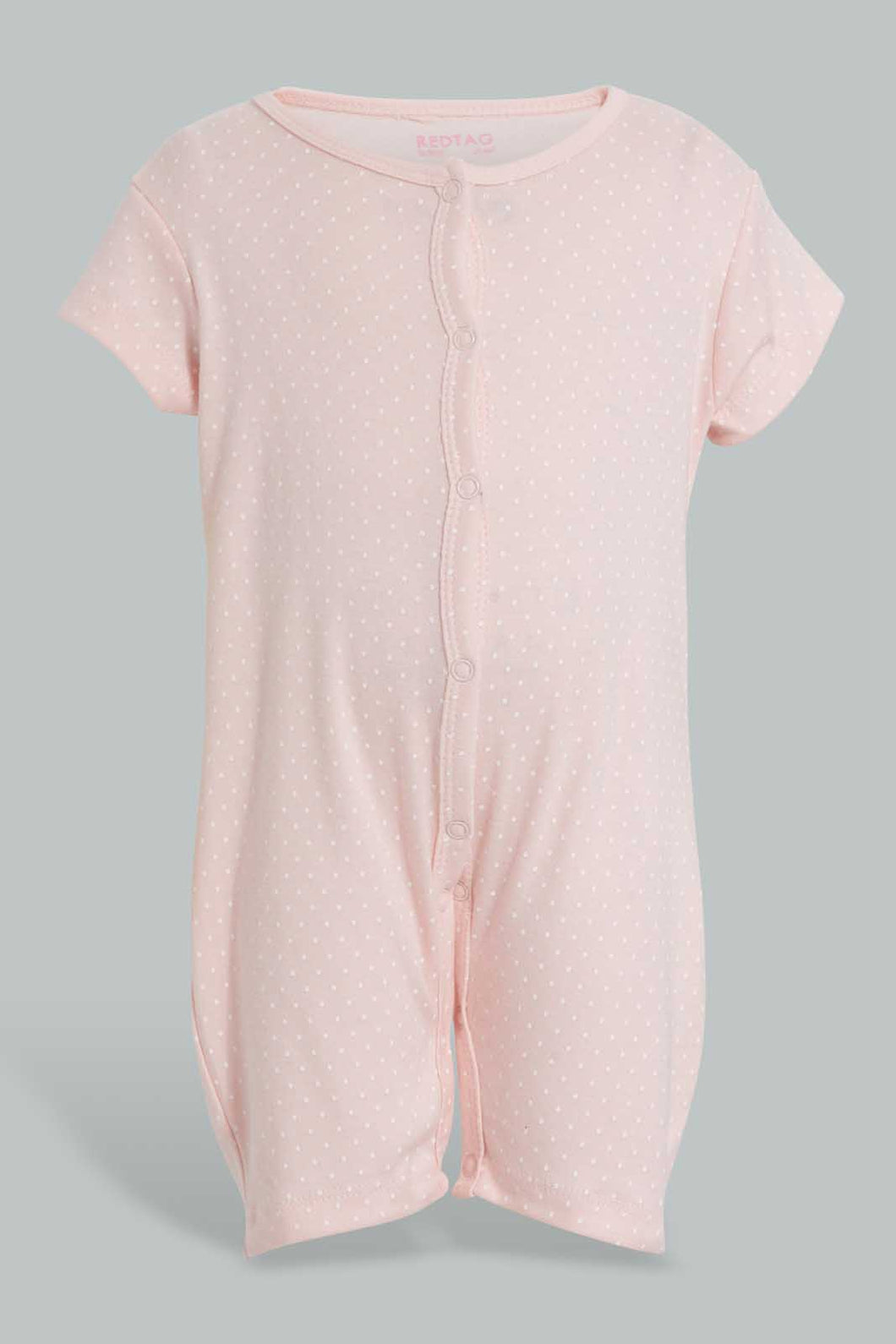 Redtag-White-And-Pink-Polka-Dot-Sleep-Suit-Rompers-Baby-0 to 12 Months