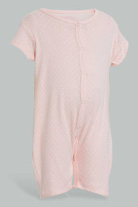 Redtag-White-And-Pink-Polka-Dot-Sleep-Suit-Rompers-Baby-0 to 12 Months