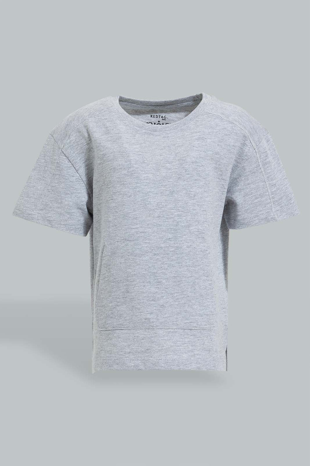 Redtag-Grey-Melange-Kangaroo-Pocket-Short-Sleeve-T-Shirt-Colour:Grey,-Filter:Infant-Boys-(3-to-24-Mths),-Infant-Boys-T-Shirts,-New-In,-New-In-INB,-Non-Sale,-S22B,-Section:Kidswear,-TBL-Infant-Boys-3 to 24 Months