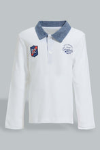 تنزيل الصورة على معرض الصور، Redtag-White-Chambrey-Color-Long-Sleeve-Polo-Shirts-Polo-Shirts-Infant-Boys-3 to 24 Months
