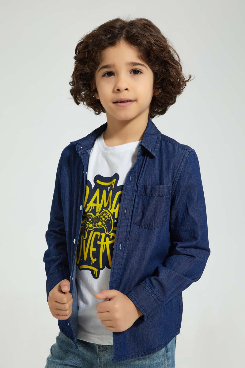 Redtag-Dark-Wash-Denim-Shirt-And-T-Shirt-Set-Casual-Shirts-Boys-2 to 8 Years