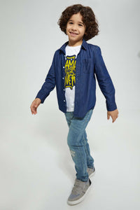 Redtag-Dark-Wash-Denim-Shirt-And-T-Shirt-Set-Casual-Shirts-Boys-2 to 8 Years