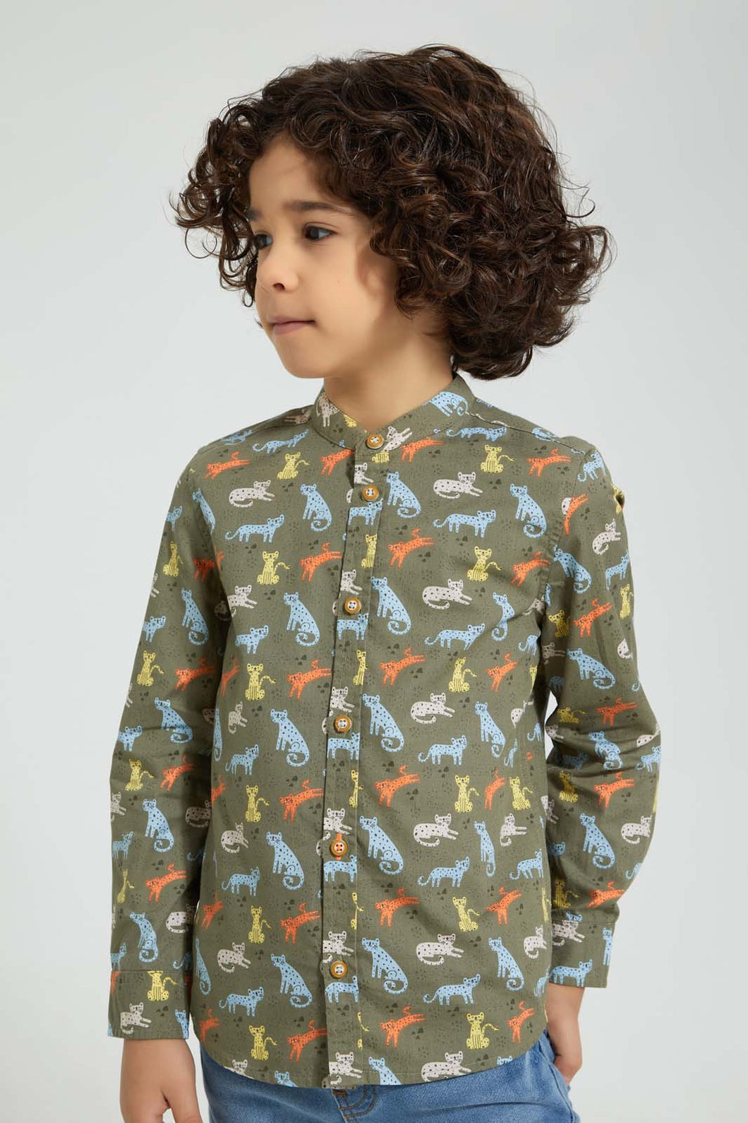 Redtag-Olive-Cat-Print-Mandarin-Collar-Long-Sleeve-Shirt-Casual-Shirts-Boys-2 to 8 Years