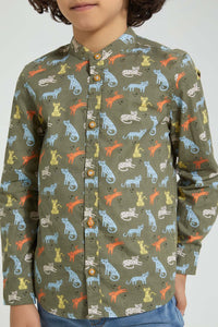 Redtag-Olive-Cat-Print-Mandarin-Collar-Long-Sleeve-Shirt-Casual-Shirts-Boys-2 to 8 Years