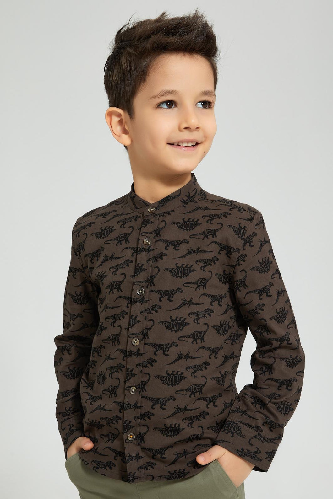 Redtag-Dark-Grey-Dino-Print-Mandarin-Collar-Long-Sleeve-Shirt-Boys-Shirts,-Colour:Dark-Grey,-Filter:Boys-(2-to-8-Yrs),-New-In,-New-In-BOY,-Non-Sale,-S22B,-Section:Kidswear-Boys-2 to 8 Years