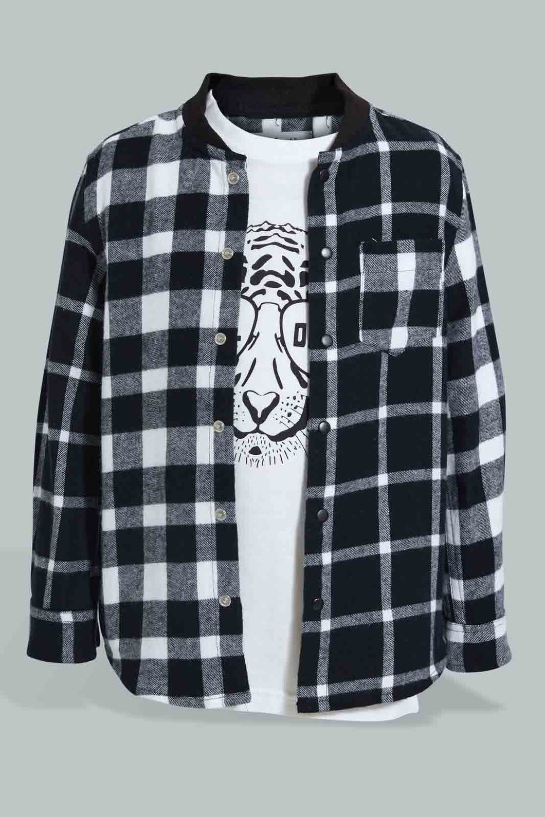 Redtag-Black-Flannel-Check-Shirt-And-T-Shirt-Set-Casual-Shirts-Boys-2 to 8 Years