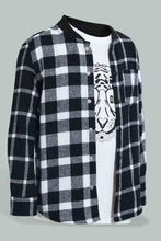 تنزيل الصورة على معرض الصور، Redtag-Black-Flannel-Check-Shirt-And-T-Shirt-Set-Casual-Shirts-Boys-2 to 8 Years

