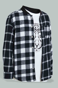 Redtag-Black-Flannel-Check-Shirt-And-T-Shirt-Set-Casual-Shirts-Boys-2 to 8 Years
