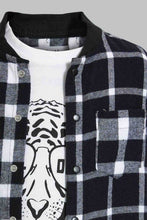تنزيل الصورة على معرض الصور، Redtag-Black-Flannel-Check-Shirt-And-T-Shirt-Set-Casual-Shirts-Boys-2 to 8 Years
