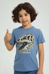 Redtag-Blue-Printed-Shirt-And-T-Shirt-Set-Casual-Shirts-Boys-2 to 8 Years