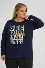 تنزيل الصورة على معرض الصور، Redtag-Navy-3/4-Sleeve-Graphic-T-Shirt-Colour:Navy,-Filter:Plus-Size,-LDP-T-Shirts,-New-In,-New-In-LDP,-Non-Sale,-S22A,-Section:Women,-TBL-Women&#39;s-
