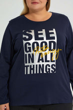 تنزيل الصورة على معرض الصور، Redtag-Navy-3/4-Sleeve-Graphic-T-Shirt-Colour:Navy,-Filter:Plus-Size,-LDP-T-Shirts,-New-In,-New-In-LDP,-Non-Sale,-S22A,-Section:Women,-TBL-Women&#39;s-
