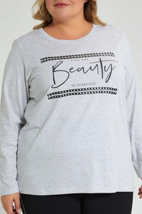 Redtag-Grey-3/4-Sleeve-Graphic-T-Shirt-Colour:Grey,-Filter:Plus-Size,-LDP-T-Shirts,-New-In,-New-In-LDP,-Non-Sale,-S22A,-Section:Women,-TBL-Women's-