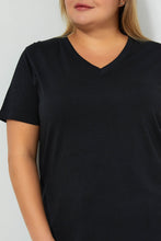 Load image into Gallery viewer, Redtag-Black-Short-Sleeve-V-NeckT-Shirt-Colour:Black,-Filter:Plus-Size,-LDP-T-Shirts,-New-In,-New-In-LDP,-Non-Sale,-S22A,-Section:Women-Women&#39;s-
