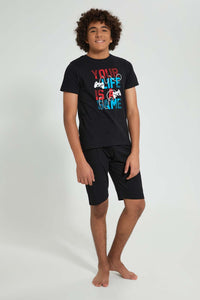 Redtag-Black-Life-Is-A-Game-Night-Suit-Pyjama-Sets-Senior-Boys-9 to 14 Years
