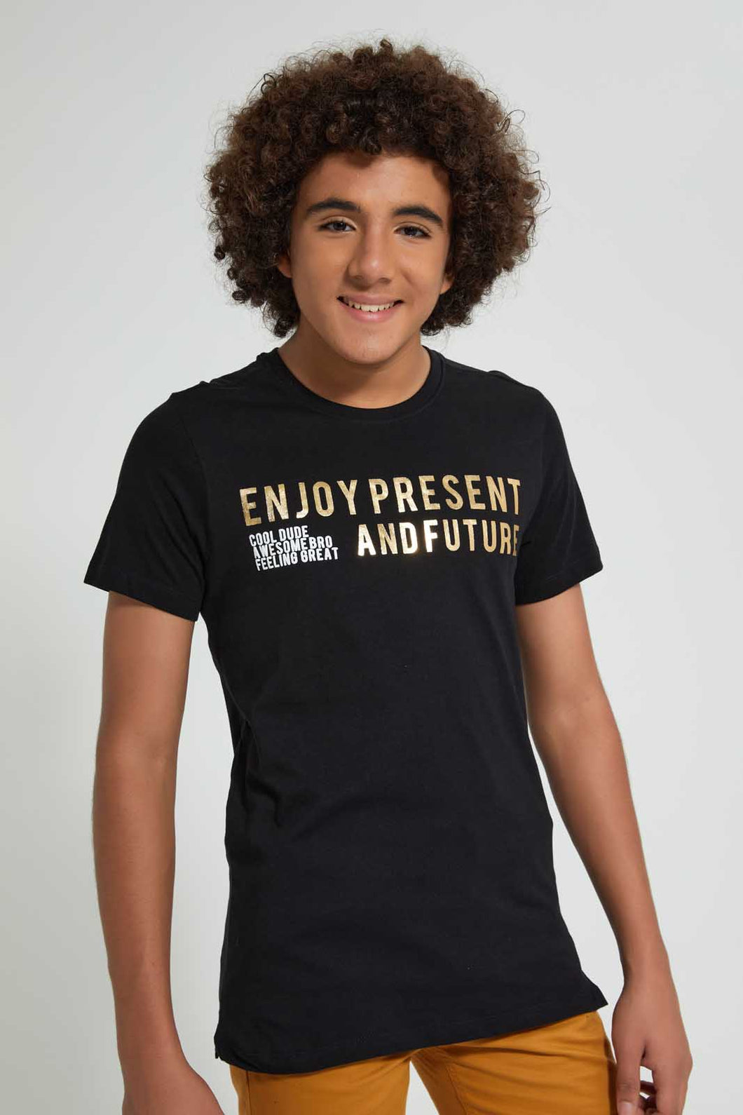 Redtag-Black-Emboss-With-Foil-Print-T-Shirt-All-Over-Prints-Senior-Boys-9 to 14 Years