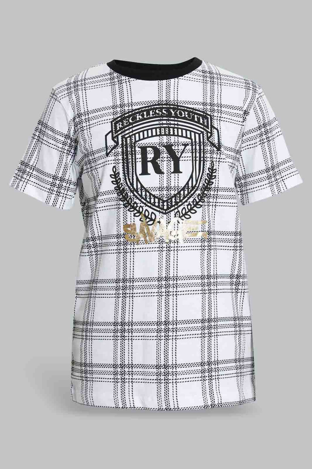 Redtag-White-Reckless-Youth-T-Shirt-All-Over-Prints-Senior-Boys-9 to 14 Years