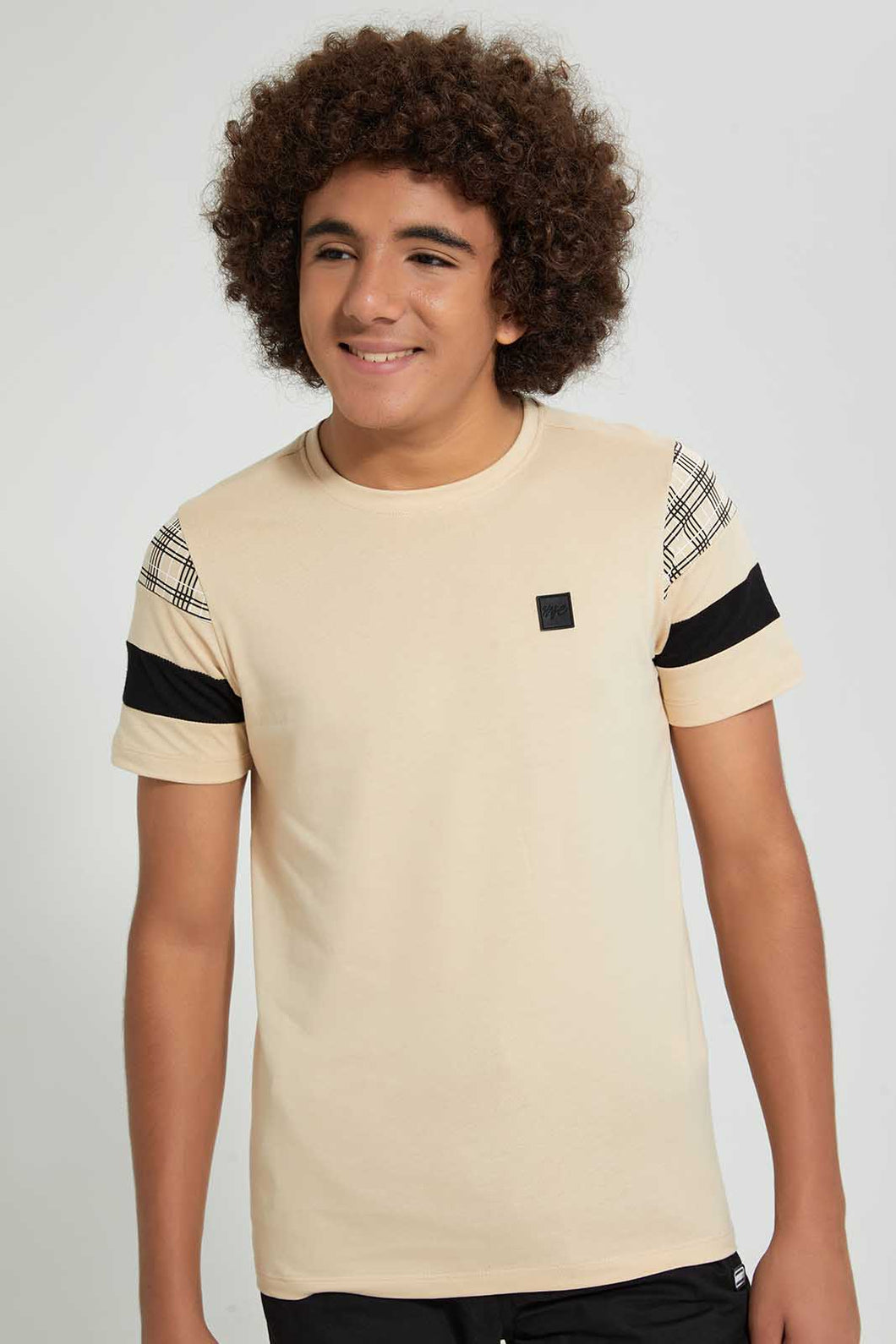 Redtag-Beige-Small-Leather-Patch-T-Shirt-Plain-Senior-Boys-9 to 14 Years