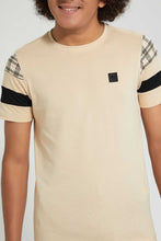 Load image into Gallery viewer, Redtag-Beige-Small-Leather-Patch-T-Shirt-Plain-Senior-Boys-9 to 14 Years
