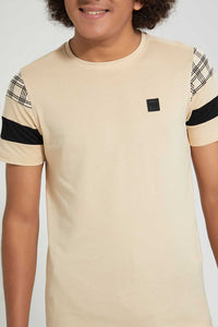 Redtag-Beige-Small-Leather-Patch-T-Shirt-Plain-Senior-Boys-9 to 14 Years