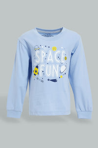 Redtag-Blue-Space-T-Shirt-And-Grey-Bottom-Pj-Set-(2-Pack)-Pyjama-Sets-Infant-Boys-3 to 24 Months