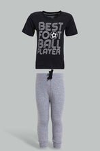 تنزيل الصورة على معرض الصور، Redtag-Black-Football-Short-Slv-Tshirt-And-Grey-Bottom-Pj-Set-(2-Pack)-Pyjama-Sets-Infant-Boys-3 to 24 Months
