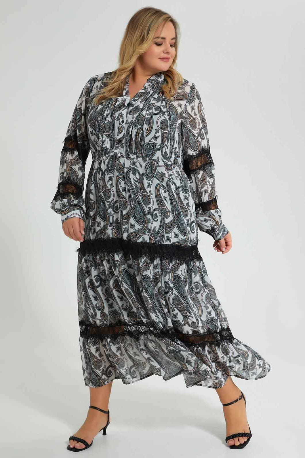 Redtag-Black-And-White-Paisley-Dress-With-Lace-Colour:Black,-Colour:White,-Filter:Plus-Size,-LDP-Dresses,-New-In,-New-In-LDP,-Non-Sale,-S22A,-Section:Women-Women's-