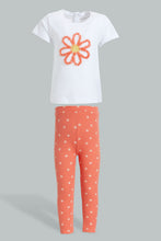تنزيل الصورة على معرض الصور، Redtag-White-Embroideredellished-Top-With-Coral-Ribbed-Legging-Sets-Infant-Girls-3 to 24 Months
