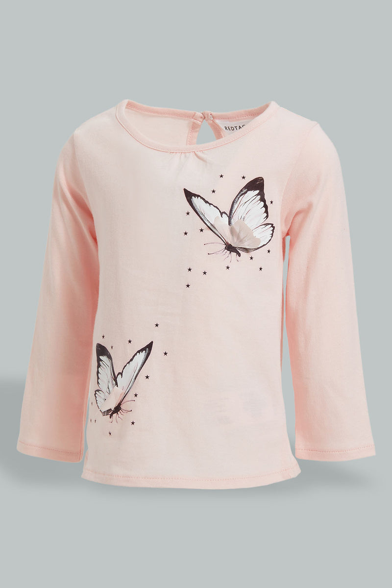 Redtag-Pink-Placement-Print-L/S-Sleeve-Tee-Embellished-Infant-Girls-3 to 24 Months