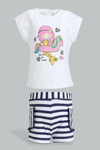 تنزيل الصورة على معرض الصور، Redtag-White-Printed-Top-With-Stripped-Knitted-Short-Sets-Infant-Girls-3 to 24 Months
