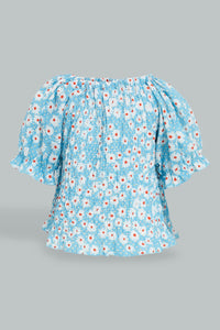 Redtag-Blue-Smocking-Printed-Top-Blouses-Infant-Girls-3 to 24 Months
