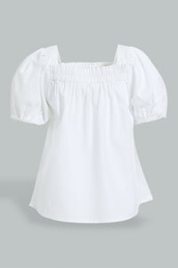 Redtag-White-Puff-Sleeves-Plain-Top-Blouses-Infant-Girls-3 to 24 Months