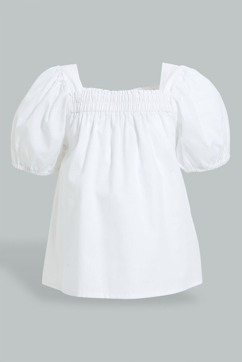 Redtag-White-Puff-Sleeves-Plain-Top-Blouses-Infant-Girls-3 to 24 Months