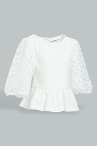 Redtag-White-Lace-Sleeves-Jersey-Top-Blouses-Infant-Girls-3 to 24 Months