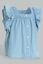 تنزيل الصورة على معرض الصور، Redtag-Blue-Top-With-Side-Frills-And--Buttoned-Details-At-Front-Blouses-Infant-Girls-3 to 24 Months
