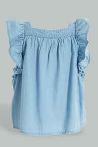 Redtag-Blue-Top-With-Side-Frills-And--Buttoned-Details-At-Front-Blouses-Infant-Girls-3 to 24 Months