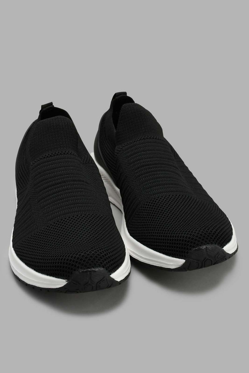 Redtag-Black-Ribbed-Knit-Slip-On-Slip-Ons-Senior-Boys-5 to 14 Years