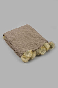 Redtag-Beige-Knitted-Throw-With-Pom-Pom-Colour:Beige,-Filter:Home-Bedroom,-HMW-BED-Throws,-New-In,-New-In-HMW-BED,-Non-Sale,-S22B,-Section:Homewares-Home-Bedroom-