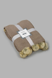 Redtag-Beige-Knitted-Throw-With-Pom-Pom-Colour:Beige,-Filter:Home-Bedroom,-HMW-BED-Throws,-New-In,-New-In-HMW-BED,-Non-Sale,-S22B,-Section:Homewares-Home-Bedroom-