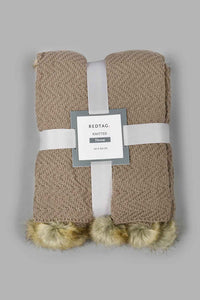 Redtag-Beige-Knitted-Throw-With-Pom-Pom-Colour:Beige,-Filter:Home-Bedroom,-HMW-BED-Throws,-New-In,-New-In-HMW-BED,-Non-Sale,-S22B,-Section:Homewares-Home-Bedroom-