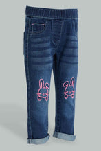 Load image into Gallery viewer, Redtag-Dark-Wash-Denim-Jegging-With-Bunny-Embroidered.-Jeggings-Infant-Girls-3 to 24 Months
