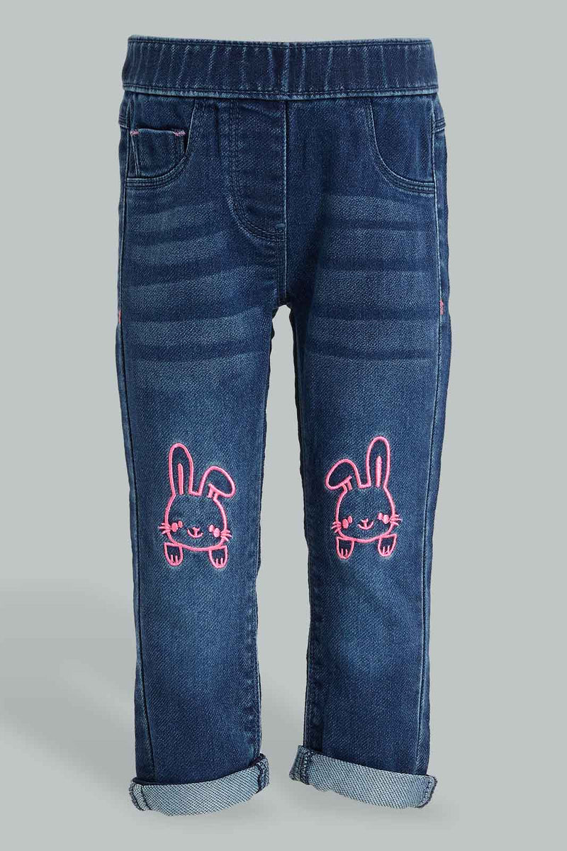 Redtag-Dark-Wash-Denim-Jegging-With-Bunny-Embroidered.-Jeggings-Infant-Girls-3 to 24 Months