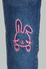 Load image into Gallery viewer, Redtag-Dark-Wash-Denim-Jegging-With-Bunny-Embroidered.-Jeggings-Infant-Girls-3 to 24 Months
